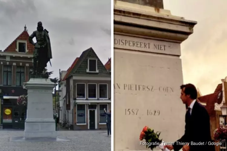 Thierry Baudet legt bloemen bij standbeeld J.P. Coen in Hoorn en doet oproep